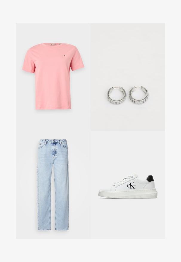 Rozā kokvilnas T-krekls ar apaļu kakla izgriezumu, īsām piedurknēm un mazu izšūtu logotipu kreisajā krūtī. Gluda tekstūra, ikdienas piegriezums.; Gaiši zilas platās kājas džinsi, izgatavoti no denima, ar augstu jostas vietu, izbalinātu krāsu un smalku krāsošanas rakstu priekšpusē.; Baltā zema topa sporta apavas ar melnu papēža cilni, platformas zoli, auklēm un Calvin Klein "CK" logo sānos.; Sudraba gredzena auskari ar faktūras dizainu, kas ietver vertikālas rievas. Apaļa forma ar drošu aizdari. Gluda apdare.