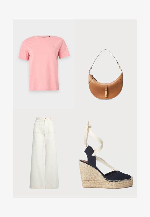 Růžové bavlněné tričko s kulatým výstřihem, krátkými rukávy a malým vyšitým logem na levé hrudi. Hladká textura, ležérní střih.; Džíny s širokými nohavicemi v off-white denim. Vysoký pas s knoflíkovým zapínáním, dvě přední kapsy a detaily kontrastního šití.; Námořnické plátěné klínové sandály s espadrilkovou podešví z provazu a krémovými stužkami kolem kotníku. Uzavřená pata a kulatá špička.; Hnědá kožená kabelka s zakřiveným tvarem, zlatými detaily a tenkým ramenním popruhem. Obsahuje zipové uzavření a logo na přední straně.