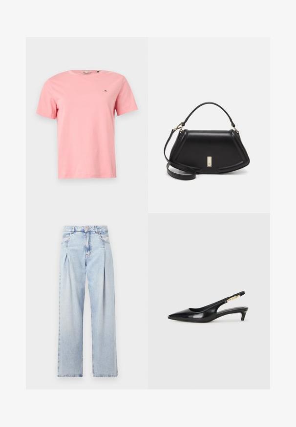 Roosa puuvillane T-särk ümarate krae ja lühikeste varrukatega, vasakul rinnal on väike tikitud logo. Sile tekstuur, juhuslik sobivus.; Heledad sinise denimist valmistatud teksapüksid kõrge vöökohaga, laia jala lõikega, kahe külje taskuga ja pleedi disainiga. Pehme tekstuur ja pleekinud viimistlus.; Mustad nahast slingback kontsad terava ninaga, millel on õhuke konts ja kuldse tooni aktsent reguleeritaval rihmal. Sile tekstuur.; Must mustrist käekott, millel on struktureeritud disain, lühendatud kuju, ülemine käepide ja kuldne metallist detail. Reguleeritav õlalihm on kaasas.