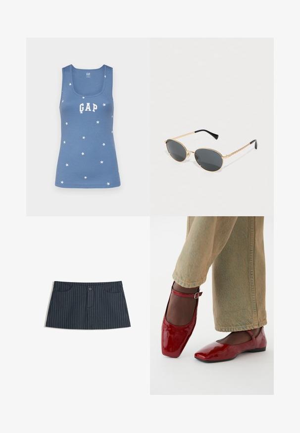 Niebieski ribrowany top na ramiączkach z białymi gwiazdkami i logo "GAP" w białym kolorze z przodu. Okrągły dekolt i bezrękawny krój.; Granatowa spódnica mini w paski z przednimi kieszeniami i pojedynczym zapięciem na guzik w talii.; Czerwone lakierowane buty z kwadratowym noskiem, niskim obcasem i paskiem na kostkę, w zestawieniu z jasnorozowymi dżinsami o szerokich nogawkach. Gładka tekstura, refleksyjna powierzchnia.; Owalne okulary przeciwsłoneczne z ciemnymi soczewkami, złotą metalową ramą i plecionymi złotymi bokami. Czarne końcówki na zausznikach podkreślają design.; Brązowa pleciona torba na ramię ze skórzanym wykończeniem, z dwoma uchwytami, o usztywnionym kształcie i teksturowanej powierzchni, z charakterystycznym wzorem w diamenty.