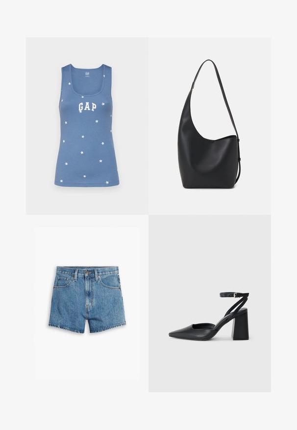 Top de tirantes azul con relieve que presenta estrellas blancas y el logo "GAP" en letras blancas en la parte frontal. Escote en forma de barco y diseño sin mangas.; Pantalones cortos de denim en azul claro, con cinco bolsillos, cremallera y cierre de botón. El dobladillo está deshilachado y tiene un diseño de ajuste relajado.; Zapato de tacón puntiagudo de cuero negro con tira en el tobillo y tacón ancho. Textura plana, diseño elegante y estética minimalista.; Bolso tipo hobo de cuero negro con una textura suave, forma curvada y una sola correa ajustable; presenta una amplia apertura en la parte superior.