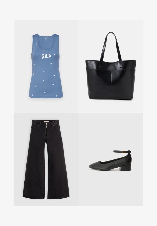 Camisola de alças azul canelada com estrelas brancas e o logótipo "GAP" em letras brancas na parte da frente. Decote em forma de barco e design sem mangas.; Calças de ganga de perna larga em denim preto com fecho éclair à frente, design de cinco bolsos e detalhes de costura subtil. Textura suave e estilo casual.; Sandal de pele preta com bico pontiagudo e um salto bloco baixo. Apresenta uma tira no tornozelo com uma fivela em tom dourado. Textura suave.; Bolsa tote preta em couro com duas alças longas, textura suave e forma estruturada. Apresenta um bolso frontal para armazenamento adicional.