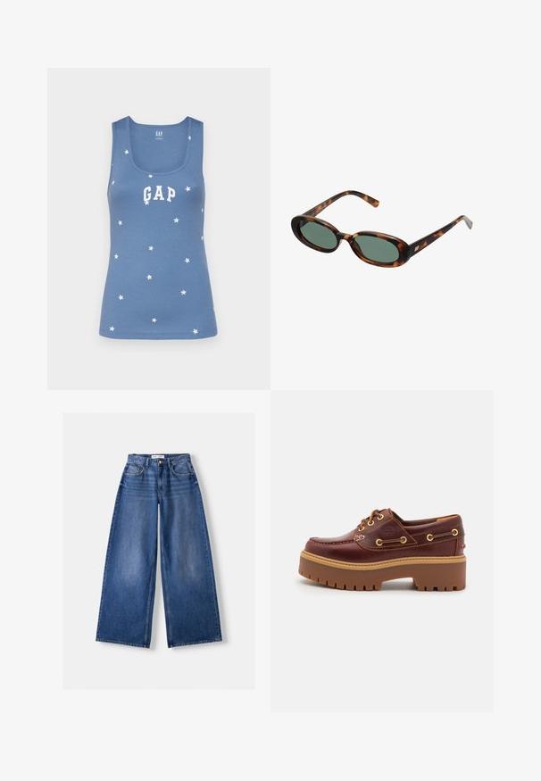 Modrá priliehavá tielko s bielymi hviezdami a bielym nápisom "GAP" na prednej strane. Okrúhly výstrih a bezrukávový dizajn.; Bershka WIDE-LEG - Široké nohavice - dark blue; Hnedé kožené člunkové topánky s masívnou hnedou gumovou podrážkou, zlatými okami a kontrastným prešívaním. Obsahuje logo na boku.; Slnečné okuliare v štýle korytnačiny s oválnymi rámami a zelenými sklami. Majú tenké nožičky s kovovým akcentom pri pántoch.
