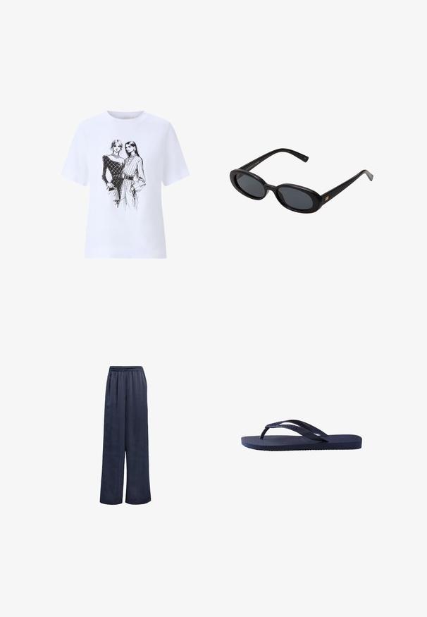Weißes Baumwoll-T-Shirt mit einem schwarzen Sketch von zwei Frauen in stilvoller Kleidung. Kurze Ärmel und eine lockere Passform mit rundem Halsausschnitt.; Marinefarbene Weitbein-Hosen aus glattem Stoff mit einem elastischen Bund und ohne sichtbare Beschläge. Sie verfügen über einen lockeren Sitz und ein langes Design.; Marineblaue Flip-Flops mit strukturierten Gummiträgern und Sohle, die ein wellenförmiges Muster auf den Trägern und ein flaches, geriffeltes Fußbett haben.; Schwarze, oversized Sonnenbrillen mit ovalen Gläsern, glattem Kunststoffrahmen und goldenen Akzenten an den Bügeln. Die dunklen Gläser bieten Sonnenschutz.