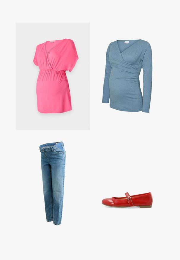 Roza nosečniška majica, izdelana iz mehkega blaga, s crossover V-izrezom, kratkimi rokavi in elastičnim pasom za udobje.; Majica za nosečnice z dolgimi rokavi iz svetlo modrega rebrastega materiala, z v-izrezom in nabranimi detajli spredaj in ob straneh.; Svetlo modri kavbojki z naravnim krojem, s srednjim položajem pasu, petimi žepi in kontrastnimi šivi.; Rdeča lakasta balerinka z zaobljenim nosom, okrasna naramnica s krožno sponko in gladka, sijoča površina.