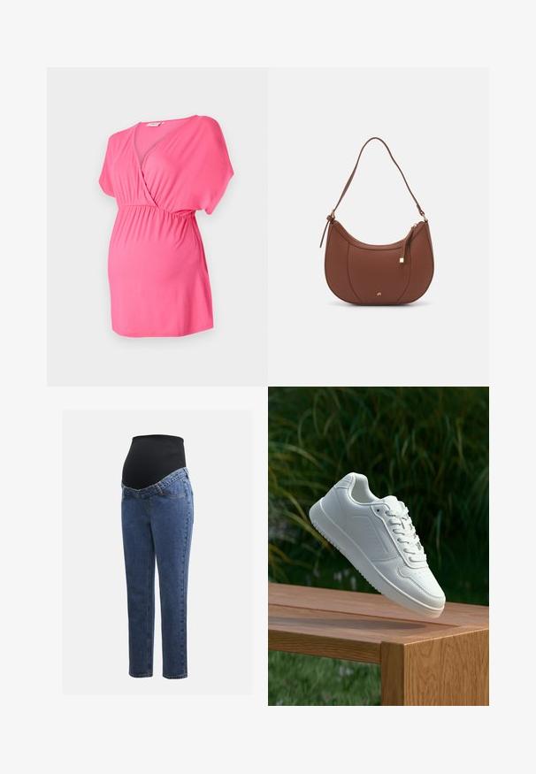 Rózsaszín kismama felső, puha anyagból, keresztbe fordított V-kivágással, rövid ujjal és elastikus derékkal a kényelem érdekében.; Kismamaruhák kék farmer lábakkal és fekete rugalmas haspanellel, amely a növekvő pocakot támogatja és fedi.; Fehér sportcipő sima szintetikus felsőrésszel, perforált lábujjrész, lapos fűzőkkel és texturált talppal, fából készült felületen kihelyezve.; Barna műbőr válltáska ívelt formával, minimális varrással és arany színű kiegészítőkkel. Jellemzője a felső cipzáras záródás és állítható pánt.