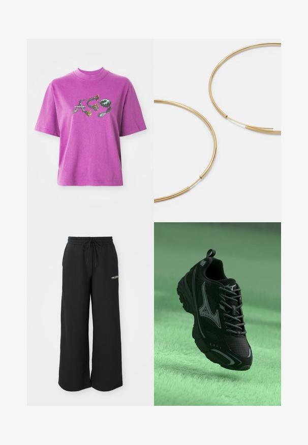 Violets īsām piedurknēm T-krekls ar augstu apkakli un grafisku dizainu stilizētiem burtiem "A", "C" un "9" ar ziedu un ērkšķu elementiem.; Melni brīvie sporta bikses, kas izgatavotas no mīksta auduma, ar elastīgu jostu un auklu, kā arī nelielu logotipu kreisajā pusē.; Melna sporta apava ar teksturētu virsmu, pelēkiem akcentiem un auklām. Ievērojams zīmola logo un mīksta zole atbalstam.; Zelta krāsas auskari gredzena formā, plāni un apaļi, ar gludu metāla apdari un bez rotājumiem vai zīmējumiem.