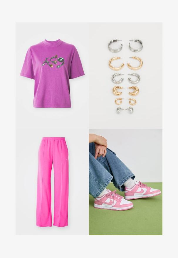 T-shirt roxo de manga curta com gola alta e design gráfico de letras estilizadas "A", "C" e "9" com elementos florais e espinhosos.; Calças de moletão cor-de-rosa, largas e leves, com um cós elástico e costuras laterais. Apresenta um pequeno logótipo perto da parte superior da coxa esquerda.; Ténis Nike em rosa e branco, com materiais em couro e rede, apresentando designs contrastantes, bico redondo e atacadores e detalhes em rosa a condizer.; Conjunto de oito brincos em metal, nas tonalidades prata e ouro. Inclui diversos estilos de argolas, texturas e acabamentos, dispostos por tamanho.