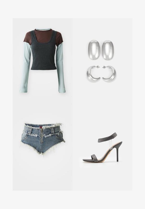 Layered long-sleeve top featuring a dark gray ribbed cropped tank over a light blue long-sleeve base layer and a brown short-sleeve shirt.; Denim shorts with frayed hem, high waist, zip front closure, and two front pockets. Material is a faded blue denim with distressed details.; Black heeled sandal with a transparent strap, textured upper, and slim stiletto heel. Features a wide front band and shimmery accents.; Silver-colored earrings set: two oval studs and two crescent-shaped hoops, featuring a glossy, smooth finish and a rounded design.