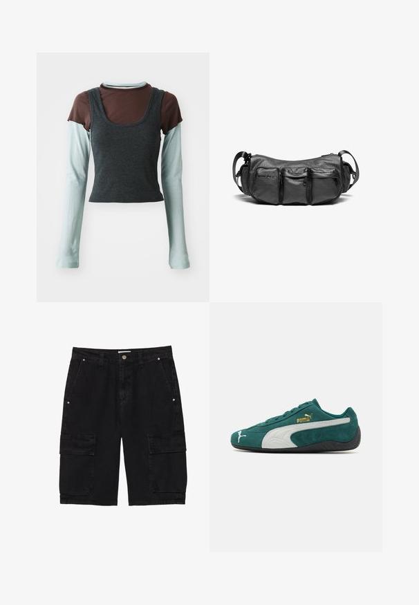 Večplastna majica z dolgimi rokavi, ki vsebuje temno sivo rebrasto kratko majico na vrhu, svetlo modro majico z dolgimi rokavi kot osnovno plast in rjavo kratko majico.; Črne Cargo kratke hlače iz jeansa, z dvema stranskima žepoma in dvema žepoma z zatičem na nogah, z gumbom za zapiranje in zankami za pas.; Zeleni suede športni copat z belimi in sivo akcenti, teksturirano površino, ravnim gumijastim podplatom in zlatim logotipom na strani.; Črna usnjena torba čez ramo z teksturirano površino. Ima tri zunanje žepe in nastavljiv trak. Kompaktna, zaobljena oblika.