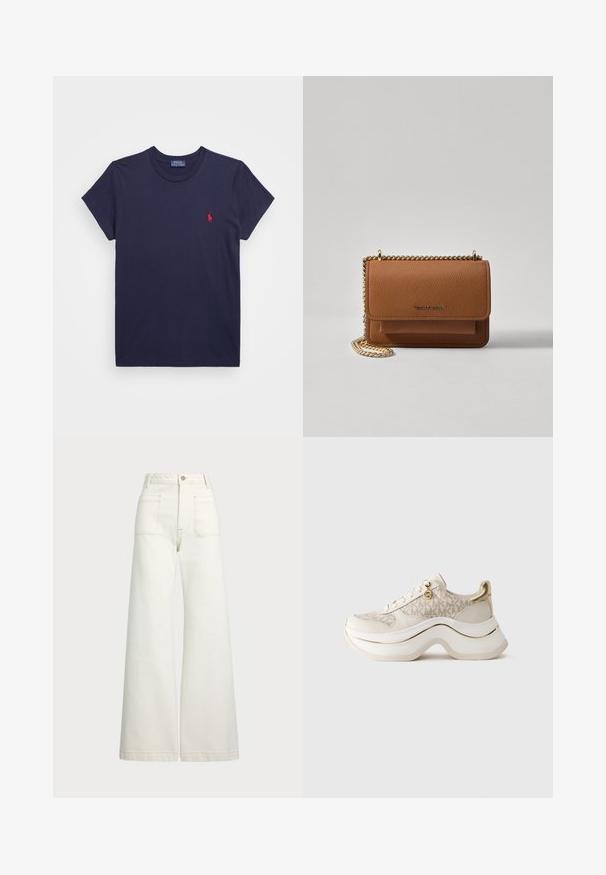 Temno modra bombažna majica s kratkimi rokavi in okroglo vratno izreza. Ima majhen rdeč vezen logotip na levem prsnem delu.; Široke jeans hlače v off-white denim tkanini. Visok pas z gumbnim zapiranjem, dvema sprednjima žepoma in detajli kontrastnega šivanja.; Bež in zlati platformni športni copat z vzorcem "MK", zvezanjem spredaj, zlatim obeskom in debelim valovitým podplatom na enobarvnem ozadju.; Rjava teksturirana usnjena torba čez ramo z zlatim verižnim trakom in zapiranjem na pokrov. Spredaj je vidna podrobnost logotipa in žep pod pokrovom.