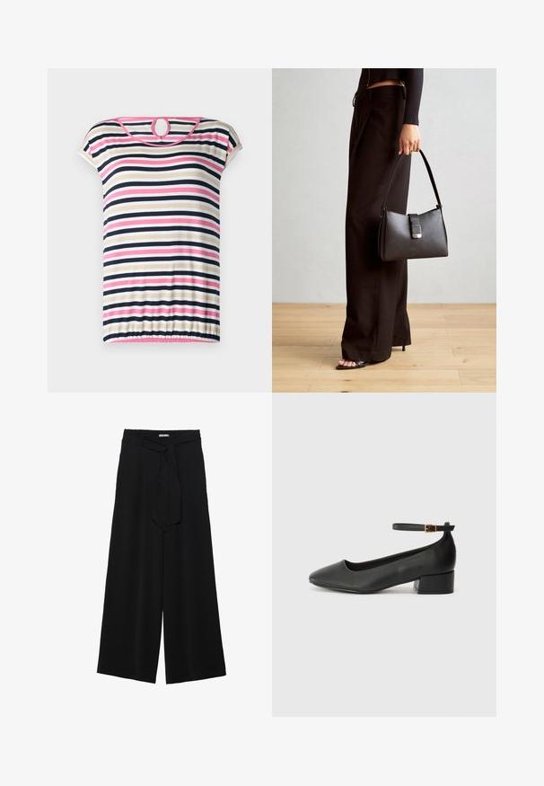 Striped t-shirt with short sleeves in beige, navy, pink, and white; features a rounded neckline with a back keyhole and gathered hem.; Black wide-leg pants featuring a textured fabric, an elastic waistband, and a detachable sash tie at the waist for adjustable fit.; Black leather pump with a pointed toe and a low block heel. Features an ankle strap with a gold-tone buckle. Smooth texture.; Black handbag with structured shape, smooth texture, and a metallic clasp. Paired with wide black pants and open-toe sandals on wooden floor.