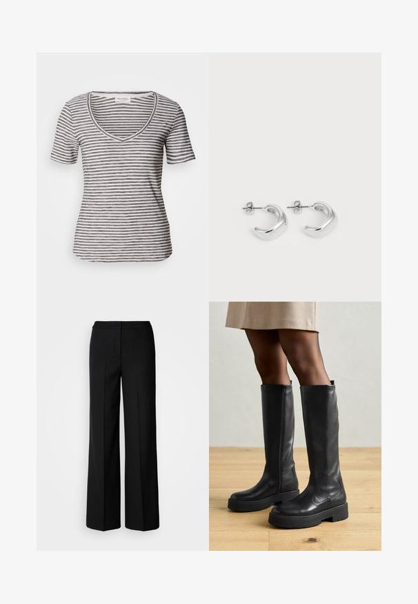 Randig t-shirt med kort ärm och v-ringning i vitt med marinblå ränder. Mjuk tyfabric, avslappnad passform och sömmar längs halsringningen och ärmarna.; Svarta vida byxor med ett mjukt tyg, med hög midja, skräddarsydda sömmar och en minimalistisk design. Inga synliga detaljer eller fickor.; Svarta knähöga stövlar i läder med en slät yta, som har en tjock gummisula och en sidodragkedja för enkel påtagning.; Silver hoop örhängen med en slät, polerad yta. Rund form med en lätt böjd design och sammanflätade kanter. Spänne med pin-back.