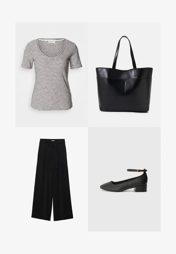 Valge lühikeste varrukatega V-kaelusega t-särk siniste triipudega. Pehme kangas, mugav lõige ning õmblused kaeluse ja varrukate ääres.; Mustad laiad püksid, millel on tekstureeritud kangas, elastne vöökoht ja eemaldatav pael vööst, et reguleerida sobivust.; Must mustaapp, millel on terav nina ja madal blokk-kand. Omab pahkluu rihma koos kuldse tooni pandlaga. Sile tekstuur.; Must mustaga musta nahast, millel on kaks pikka kanda, sile tekstuur ja struktureeritud kuju. Esipoolsel on lisakoti jaoks tasku.