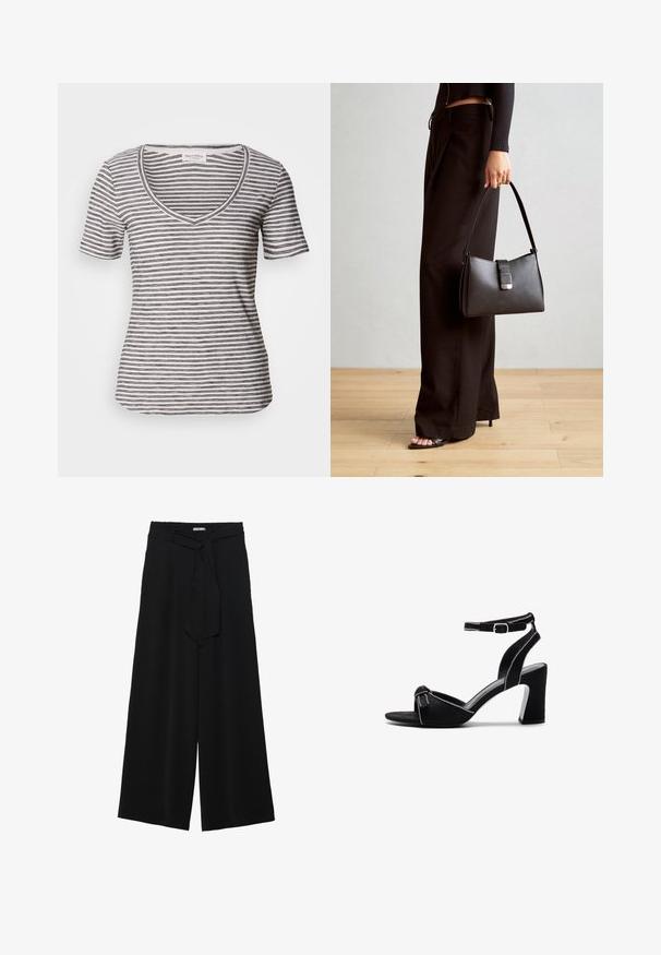 Balta trumpa rankovė v-kaklu marškinėliai su tamsiai mėlynomis juostelėmis. Minkšta medžiaga, laisvas siluetas ir siuvinėjimas aplink kaklą bei rankoves.; Juoda plačių kojų kelnės, pagamintos iš tekstūruoto audinio, su elastingu juosmeniu ir atsegamu diržu juosmenyje, leidžiančiu reguliuoti dydį.; Juodos zomšos aukštakulniai sandalai su plačia blokine pakulne, reguliuojama kulkšnies juosta, atvira pirštų dalimi ir kontrastinga siuvimo detalėmis.; Juodas rankinė struktūrizuota forma, lygi tekstūra ir metalinis užsegimas. Suporuota su plačiomis juodomis kelnėmis ir atvirais bateliais ant medinių grindų.