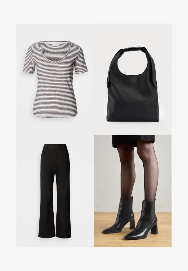 Pruhované tričko s krátkým rukávem a výstřihem do V v bílé barvě s námořnickými pruhy. Měkká látka, volný střih a švy podél výstřihu a rukávů.; Černé kalhoty se širokými nohavicemi, hladkou texturou, vysokým pasem a čistým designem. Bez viditelných kapes nebo ozdob.; Černé kožené kotníkové boty s špičatou špičkou, robustním čtvercovým podpatkem a elegantním designem. Obsahují elastické boční panely pro snadné obouvání.; Černá kůže hobo taška s jedním měkkým, zaobleným uchopem; má hladkou texturu a minimalistický design. Bez viditelného kovového doplňku nebo akcentů.; Zlaté kruhové náušnice s texturovaným, nepravidelným tvarem. Disponují bezproblémovým uzávěrem a leštěným povrchem, což zdůrazňuje moderní design.