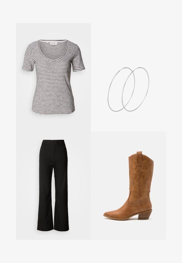 Prazna majica s kratkimi rokavi v beli barvi z mornarsko modrimi črtami. Mehka tkanina, sproščen kroj in šivi ob izrezu ter rokavih.; Črne široke hlače z gladko teksturo, visokim pasom in čistim dizajnom. Brez vidnih žepov ali okrasnih elementov.; Rjavi usnjeni kauboj čevlji s koničastim nosom, vezenimi vijugastimi vzorci na zgornjem delu in zloženim kvadratnim peto. Imajo zanko za enostavno obuvanje.; Srebrne uhane v obliki obroča z minimalističnim dizajnom. Krožna oblika, gladka tekstura in tanek profil. Lahki s poliranim zaključkom.