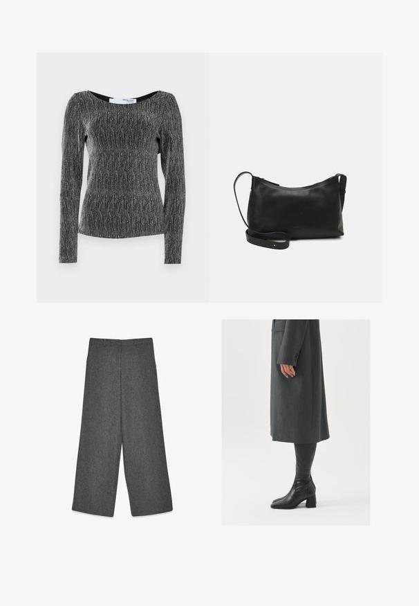 Zwarte long sleeve top met zilver metallic garen. Heeft een ronde halslijn en een aansluitende pasvorm met gestructureerde ribbels.; Grijze, wijdvallende broek gemaakt van gestructureerde stof met een subtiel patroon. Voorzien van een tailleband met riemlussen en een strakke afwerking.; Grijze, op maat gemaakte overjas met een rechte snit; gecombineerd met kniehoge zwarte leren laarzen met een vierkante neus en chunkyerand.; Zwarte leren schoudertas met een gladde textuur, gebogen vorm, verstelbare schouderband en een ritsafsluiting. Minimalistisch ontwerp zonder versieringen.