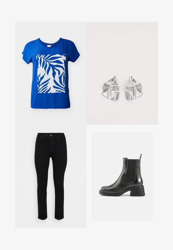 Mėlynas trumpųjų rankovių marškinėliai su dideliu baltu žirafos lapo spaudiniu priekyje. Lygi medžiaga, laisvo kirpimo ir V formos apykaklė.; Juodi džinsai su siauru pasisekimu, penkių kišenių dizainu, priekiniais užsegimais ir šiek tiek tampri, kad būtų patogiau. Lygus, švelnus paviršius su minimaliais dekoratyviais elementais.; Juodos odinės kulkšninių botai su lygia apdaila, elastingais šonais ir storu kulnu. Yra vilkimo kilpa, skirta patogesniam apsiaustui.; Sidabriniai metaliniai Auskarai su banginiu, skulptūriniu dizainu, pasižymintys poliruotu paviršiumi ir nereguliariomis formomis, išryškinančiomis šiuolaikišką estetiką.