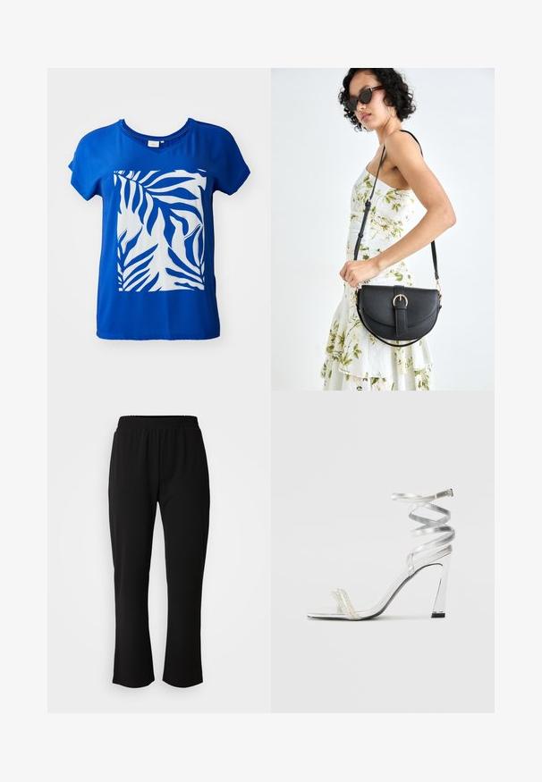Blue short-sleeve T-shirt featuring a large white zebra leaf print on the front. Smooth fabric with a relaxed fit and V-neck design.; ONLY Carmakoma CARLAMA STRAIGHT - Trousers - black; Silver high-heeled sandal with a shiny strap design, featuring a pearl-like accent and a spiraled ankle strap for secure fit.; Black leather handbag with a curved shape, detachable strap, and gold hardware. The bag features a flap with a buckle detail.