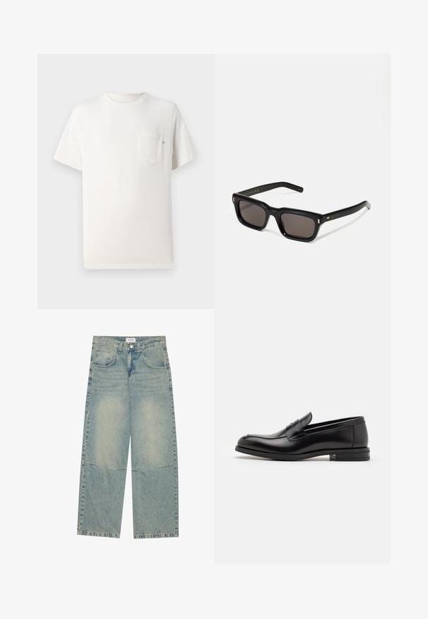 Balta medvilnės marškinėliai trumpomis rankovėmis, su apvalia kaklo iškirpte ir priekyje esančia kišene. Lygus paviršius ir minimalistinis dizainas. Nėra matomų raštų ar akcentų.; Šviesiai mėlynos platėjančios džinsinės kelnės, pagamintos iš džinsinio audinio, su dviem priekinių kišenių, sagtimi ir išblukusia skalbimo technologija, kurioje matyti siuvimo siūlės.; Juodos odinės loafers, turinčios lygų paviršių, apvalią noselę ir dekoratyvinę juostą per priekinę dalį. Žemas krentantis kulnas, minimalistinis dizainas.; Juodos stačiakampės akinių nuo saulės su tamsiais objektyvais, storu plastiko rėmu, auksinėmis detalėmis ant šventyklų ir prekės ženklo logotipu išgraviruotu ant šono.; Juodas odinis per petį nešiojamas krepšys su užtrauktuku ant priekio, iškilminiu logotipu ir reguliuojama juosta. Lygi tekstūra su struktūrizuota forma.