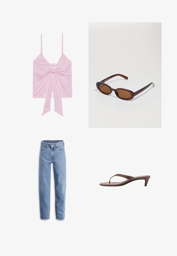 Top rosa senza maniche con dettaglio annodato anteriormente, caratterizzato da spalline sottili e una texture morbida e liscia. Design casual con una vestibilità rilassata.; Jeans azzurri chiari in denim, con una vestibilità rilassata, gamba dritta, design a cinque tasche e orli sfilacciati per un aspetto casual.; Infradito con tacco marroni, dotati di una fascia sottile e un puntale arrotondato, con un piccolo dettaglio dorato sulla soletta.; Occhiali da sole rotondi con tonalità marrone, montatura lucida color bordeaux. Aste sottili con un sottile dettaglio del marchio. Design delle lenti piatte.; PULL&BEAR Shopping bag - mottled dark brown