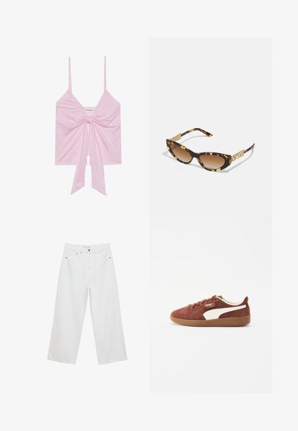 Vaaleanpunainen hihaton paita, jossa on edessä solmu, ohuilla olkaimilla ja pehmeällä, sileällä kankaalla. Rentoa, tilavaa muotoilua.; Valkoiset leveälahkeiset farkut, joissa on korkea vyötärö. Tämä malli sisältää viisi taskua ja metallisia yksityiskohtia. Kankaan pinta on sileä, ilman näkyviä kuvioita.; Tummanruskeat mokkasiinit valkoisilla nahkaaksentteilla, pyöreä kärki, kengännauha-muotoilu ja vaaleanruskea kumipohja. Brändin logo sivulla ja kielessä.; Lohikäärme-kuvioiset aurinkolasit kissan silmämuodolla, joissa on ruskeat gradienttivärit ja kultasävytteiset yksityiskohdat sankojen kohdalla.; Even&Odd Käsilaukku - pink