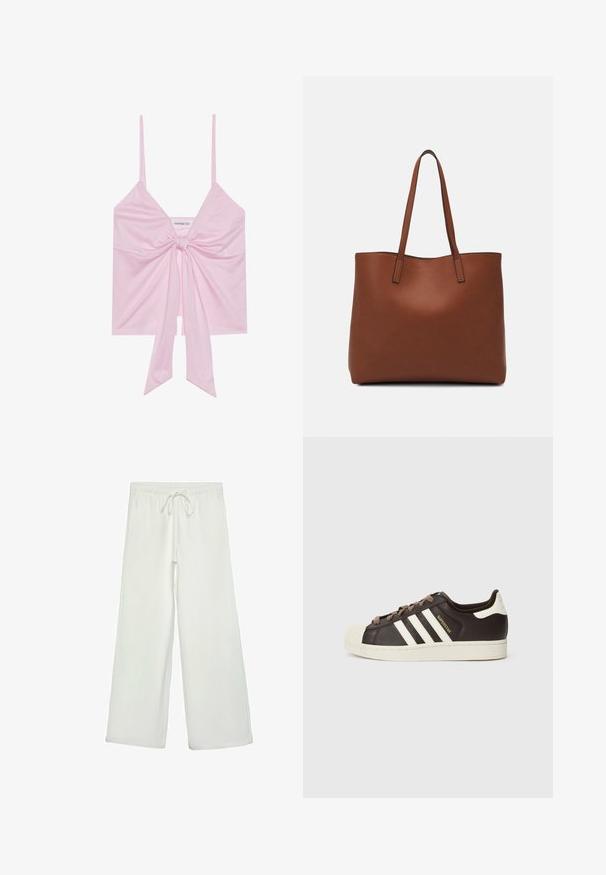 Top rosa senza maniche con dettaglio annodato anteriormente, caratterizzato da spalline sottili e una texture morbida e liscia. Design casual con una vestibilità rilassata.; Pantaloni bianchi a gamba larga realizzati in un tessuto morbido. Presentano un elastico in vita con cordino e una consistenza liscia. Senza motivi visibili o accessori.; Sneaker Adidas Superstar low-top in pelle marrone scuro con punta a conchiglia crema, strisce bianche e scritta "Superstar" sul lato.; Borsa tote in pelle marrone con texture liscia, design con apertura superiore e due spallacci. Presenta cuciture minime e nessun hardware visibile.