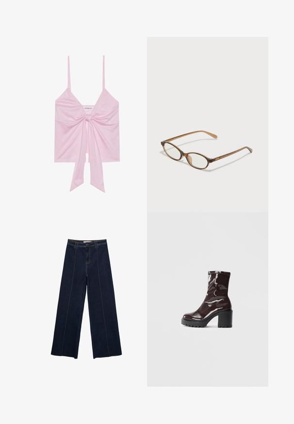 Różowa bluzka bez rękawów z ozdobnym węzłem z przodu, posiadająca cienkie ramiączka i miękką, gładką teksturę. Luźny krój i swobodny styl.; Szerokie spodnie z ciemnego denimu z kontrastowym przeszyciem, wysoki stan i prosty krój. Posiadają kieszenie z przodu oraz klasyczne zapięcie na guzik.; Błyszczące bordowe botki za kostkę z masywną czarną obcasem, charakteryzujące się gładką teksturą i prostym wzornictwem. Brak widocznych zapięć lub wzorów.; Brązowe okulary w motyle z owalnymi soczewkami, cienkimi ramionami i przezroczystymi akcentami. Posiadają subtelne logo na zauszniku. Smukły, lekki design.