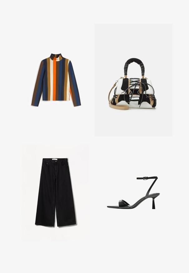 Lange mouw turtleneck top met verticale strepen in bruin, blauw, oranje en crème. Zachte stof met een aansluitende pasvorm en een gladde textuur.; Bershka WIDE-LEG - Wide leg - black; Bershka Sandalen met hoge hak - black; Multikleuren handtas met zwart, wit en beige gaas. Voorzien van een textuur handle, vetersluiting en een afneembare schouderband.