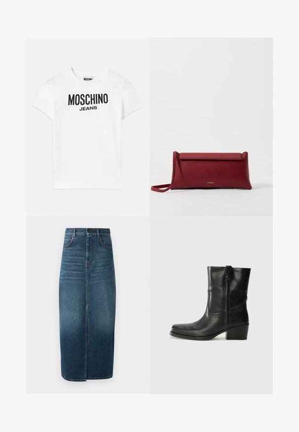 Biela bavlnená tričko s krátkymi rukávmi. Na prednej strane sa nachádza čierny potlačený text "MOSCHINO JEANS", okrúhly výstrih a štandardný strih.; Denim midi sukňa v tmavom indigu, s predným rozparkom a jemným vyblednutím. Klasický dizajn s piatimi vreckami a kovovým gombíkom na zapínanie.; Čierne kožené členkové topánky s okrúhlou špičkou, blokovým podpätkom, bočným zipsom a prešívaním na priehlavku. Hladká textúra, klasický dizajn.; Červená kožená klúčenka s textúrovaným povrchom, má plochý preklápací vrch a krátky popruh. Na prednej strane je jemné logo značky.