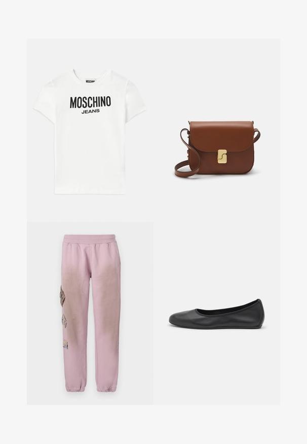 Balts kokvilnas T-krekls ar īsām piedurknēm. Priekšpusē ir melnā krāsā izdrukāts teksts "MOSCHINO JEANS", apļveida kakla izgriezums un standarta piegriezums.; Rozā sporta bikses ar elastīgu jostu, kurām labajā pusē ir dekoratīvi uzliktni dimanta formā un elastīgas apkakles pie potītēm.; Melna ādas baleta kurpe ar noapaļotu purngalu, gludu tekstūru, minimālu šuvju detalizāciju un elastīgu zoles dizainu.; Bordo ādas rokas soma ar atloku, zeltītām detaļām, plecu siksnu un gludu virsmu. Kompakta, taisnstūrveida forma.