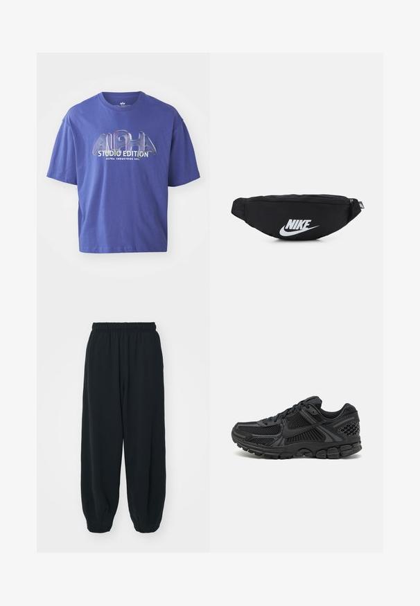 Lila pamut póló, laza szabással, kerek nyakkivágással és grafikával, amelyen az "ALPHA STUDIO EDITION" felirat áll vastag betűkkel.; Fekete, rugalmas derékpántos melegítőnadrág, laza fit, véget érő szárakkal, sima textúrával, látható minták vagy hardver díszek nélkül.; Fekete sportcipő, hálós felsőrésszel, gumitalppal és texturált részletekkel. A dizájn kiemelkedő fűzőrendszert és párnázott talpat tartalmaz.; Fekete nylon övtáska cipzáras záródással, nagy fehér Nike logóval. Simma textúra és ergonómikus kialakítás a kényelmes viselet érdekében.
