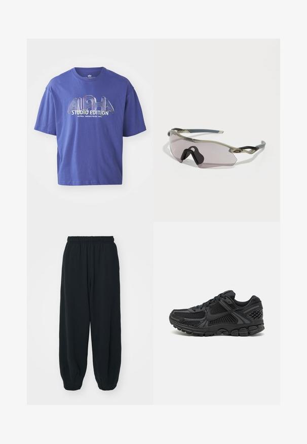 Violet medvilninis marškinėliai su laisvu kirpimu, apvaliu iškirpimu ir grafiniu spaudiniu, kuriame didžiosiomis raidėmis užrašyta "ALPHA STUDIO EDITION".; Juodi, su elastiniu juosmeniu sportiniai kelnės su laisvu siluetu, suapvalintais kulkšnimis, lygia tekstūra ir be matomų raštų ar metalinių akcentų.; Juoda sportinė avalynė su tinklelio viršumi, guma padu ir tekstūruotomis detalėmis. Dizainas apima išryškintą raištelių sistemą ir paminkštintą padą.; Akiniai nuo saulės su permatomu pilku rėmu, tonuotais lęšiais ir kampuotu dizainu. Savybės - išskirtinė nosies dalis ir tekstūruoti tamsiai pilki šventyklų galai.
