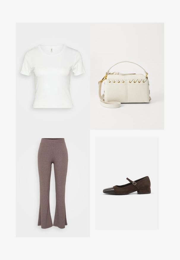 Bela kratka majica s kratkimi rokavi iz rebrastega materiala, s prilegajočim krojem in klasičnim okroglim izrezom. Brez vzorcev ali dodatnih akcentov.; Rjave rebraste široke hlače z visokim, elastičnim pasom in mehakim materialom, ki imajo subtilen vertikalni vzorec po celotni površini.; Rjava semiš Mary Jane čevlja s črnimi patentiranimi usnjenimi konicami, nastavljivim trakom in nizko blok peto. Gladka tekstura z minimalnimi akcenti.; Bela torbica iz umetnega usnja z zgornjim zadrgo, kratkim ročajem in odstranljivim naramnim trakom z zlatimi detajli. Stranske vezave.; Srebrna obročasta uhana s polirano površino, ki vključuje majhne zlate poudarke in okroglo obliko, nošena na ušesnem lobu.