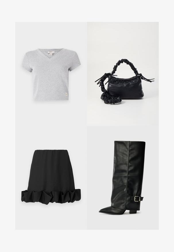 Hall vahepealne puuvillane t-särk lühikeste varrukatega, V-kaelusega ja väikese logotägi alumises vasakus nurgas. Pehme tekstuur ja lihtne disain.; Must mustriga, kellel on rippuv serv, valmistatud kerge kangast. Omab elastset vööd mugavaks istuvuseks. Lihtne ja mitmekesine disain.; Mustad musta nahast pahkluu kingad, millel on terav nina, sile tekstuur ja hõbedane pandlaaksent küljel. Tõmblukuga suur ruudukujuline konts.; Must must sünteetilisest nahast käekott, millel on krokodillimuster, kokku tõmmatav ülaosa ja kortsus rihm. Tundub pehme ja kompaktne disain.