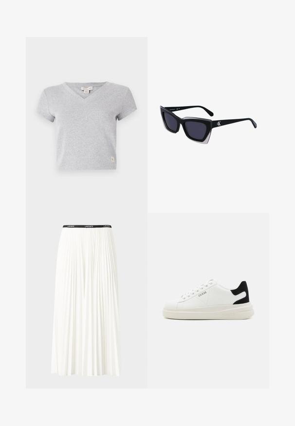 Szürke pamut póló rövidujjakkal, V-nyakkivágással és egy kis logó címkével az alsó bal oldalon. Puha tapintás és egyszerű dizájn.; Plisszírozott fehér szoknya fekete elasztikus derékkal, amelyen a "LACOSTE" logó található. Középhosszú kialakítás, puha tapintással.; Fehér bőr sportcipők vastag fehér talppal, fekete velúr sarokpikkelyel és dombornyomott logóval az oldalon. Fűzős kialakítás, hat fűzőlyukkal.; Fekete, nagyméretű napszemüveg geometrikus formával, sötét lencsékkel és kontrasztos szürke részlettel a kereten. Logó a szárán.