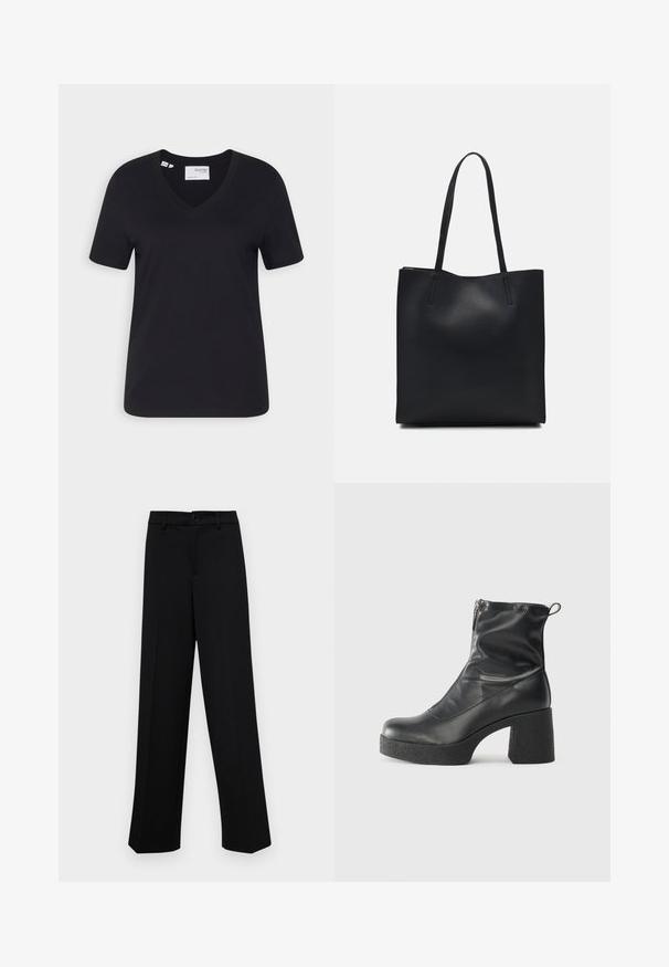 Crna pamučna majica s v-izrezom, kratkim rukavima i opuštenim krojem. Glatka tekstura i čista donja obruba bez ukrasa.; Crne široke hlače od glatkog materijala, s klasičnim pojasom koji se zatvara dugmetom i prednjim naborima.; Crne gležnjače od glatke kože, s bočnim zatvaračem, debelim teksturiranim potplatom i dizajnom s zaobljenim prstima.; Crna kožna torba za nošenje s glatkom teksturom, pravokutnim oblikom i dvije duge ručke. Nema vidljivih metalnih dijelova ili ukrasa.