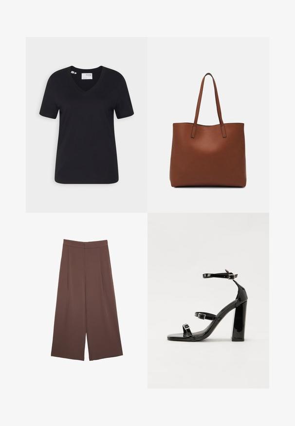 Sort bomulds T-shirt med v-hals, korte ærmer og en afslappet pasform. Glat tekstur og ren kant uden udsmykninger.; Brune bredbunde bukser med en glat tekstur, der har høj talje og plisseringer foran. Stoffet er let og falder løst.; Sorte patenterede hælsandaler med firkantet tå, ankelremme og sølvspænder. Har en chunky blokHæl for stabilitet.; Brun læder tote taske med en glat overflade, åben topdesign og to skulderremme. Har minimal syning og ingen synlig hardware.