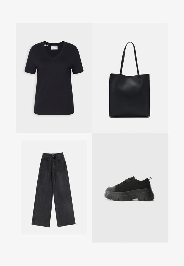Czarna bawełniana koszulka z dekoltem w serek, krótkimi rękawami i luźnym krojem. Gładka tekstura i prosta linia hemu bez zdobień.; Czarne dżinsy z szerokimi nogawkami, z wysokim stanem, klasycznym pięciopocketowym fasonem i subtelnym wyblaknięciem. Wytrzymały materiał o gładkiej teksturze.; Czarne sneakersy z masywną gumową podeszwą, teksturowaną górną częścią, okrągłym noskiem i sznurowanym zapięciem. Posiadają wzmocnione oczka i pętelkę z tyłu.; Czarna skórzana torba tote o gładkiej fakturze, prostokątnym kształcie i dwóch długich uchwytach. Brak widocznych elementów metalowych i ozdób.