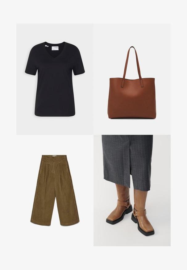 Črna bombažna majica s kratkimi rokavi in V-izrezom, sproščenega kroja. Gladka tekstura in čista obroba brez okrasnih elementov.; Rjave široke kordure z visoko pasom, sprednjimi pregibi, stranskimi žepi in gumbom za zapiranje.; Rjave usnjene škornje do kolen s kvadratnim nosom, črnimi gumijastimi podplati in nastavljivim detajlom z zaponko. Oblečeni so z sivo krilnico s črtami.; Rjava usnjena torba z gladko teksturo, odprto zasnovo zgoraj in dvema naramnima trakovoma. Opremljena je z minimalnim šivanjem in brez vidnih kovinskih delov.