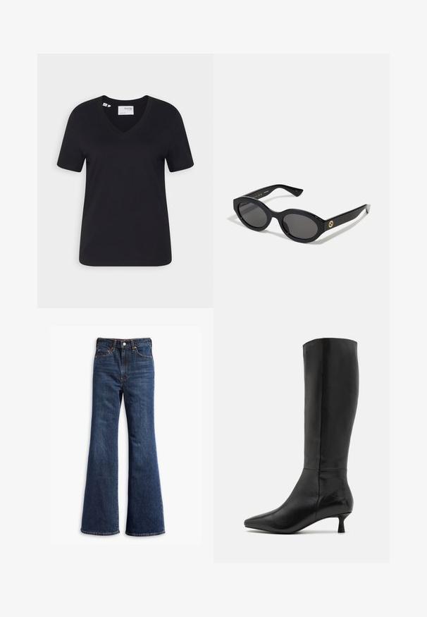 Sort bomulds T-shirt med v-hals, korte ærmer og en afslappet pasform. Glat tekstur og ren kant uden udsmykninger.; Højtaljede mørkeblå denim jeans med udvidede ben, frontknap og lynlås lukning, samt fem-lommer design.; Zign Høje støvler/ Støvler - black; Sorte ovale solbriller med mørke linser og blank plastramme. Har et guldlogo på stykket, hvilket giver et slankt og moderne design.