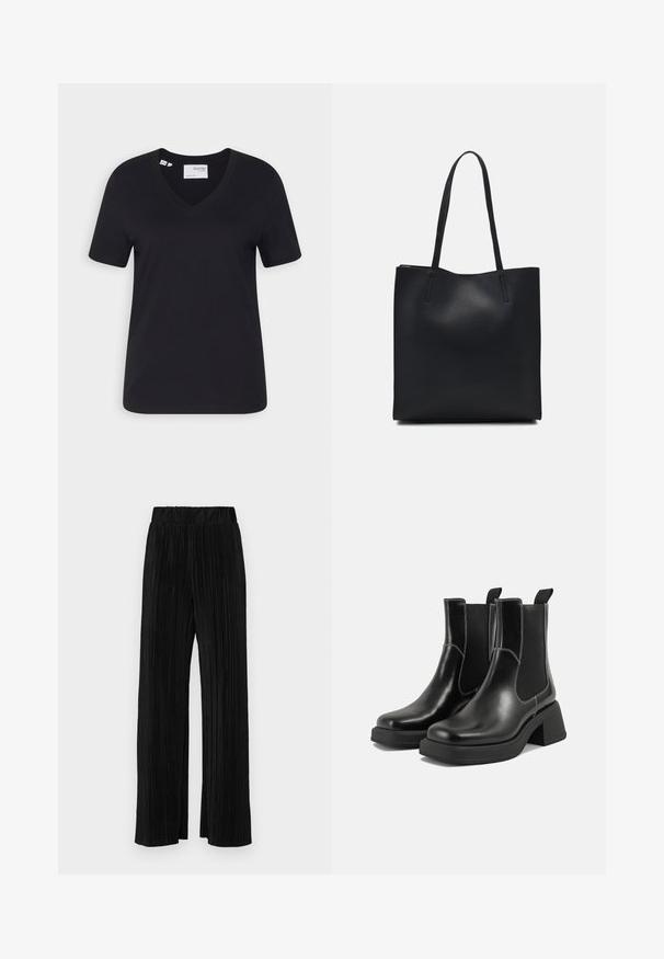 Sort bomulds T-shirt med v-hals, korte ærmer og en afslappet pasform. Glat tekstur og ren kant uden udsmykninger.; Sorte plisserede bukser med elastisk talje. Har brede ben og et glat, tekstureret stof med lodrette striber.; Sorte læder Chelsea-støvler med en kraftig hæl, elastiske sidepaneler og kontrastfarvet hvid syning. Tekstureret overflade.; Sort læder tote taske med glat tekstur, rektangulær form og to lange hanke. Ingen synlig hardware eller udsmykninger.