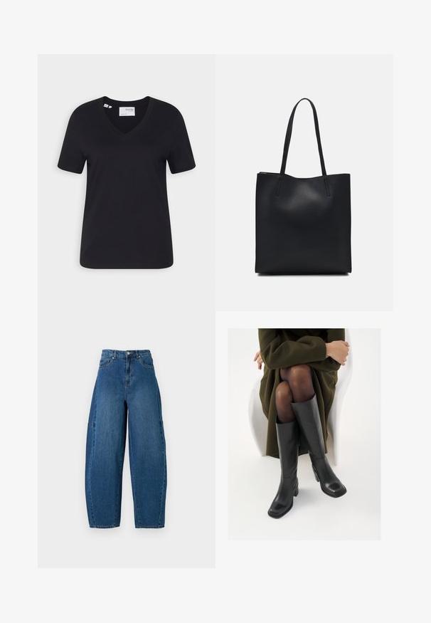 Sort bomulds T-shirt med v-hals, korte ærmer og en afslappet pasform. Glat tekstur og ren kant uden udsmykninger.; Denimjeans i en mellemblå vask, med højt liv, bred benpasform og standard fem-lomme design med synlige stikninger.; Knæhøje sorte læder støvler med firkantet tå og blokhæl, vist med en model siddende i en olivengrøn frakke. Glat tekstur, minimal detaljer.; Sort læder tote taske med glat tekstur, rektangulær form og to lange hanke. Ingen synlig hardware eller udsmykninger.