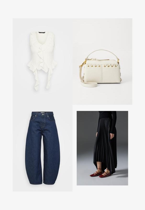Hvit ermeløs topp med V-hals, som har volangdetaljer langs kanten og et teksturert stoff. Knutene i bunnen fremhever designet.; Mørkeblå høytalende denimjeans med vide ben, frontknap og glidelås, samt klassisk femlommers design.; Svart plissert skjørt med høy-lav hem, kombinert med glansfulle røde leilisser med stroppedesign. Stoffet har en jevn tekstur.; Hvit faux lær håndveske med glidelås på toppen, kort håndtak og avtakbar crossbody stropp med gulltone hardware. Side snøring detalj.; Sølv ringøredob med en polert finish, med små gull detaljer og en rund form, båret på øreflippen.