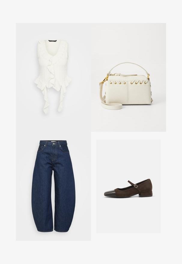 Bílý bezramínkový top s výstřihem do V, který má volánkový detail po obvodu a texturovanou látku. Zavazování na spodním okraji zvýrazňuje design.; Džíny s vysokým pasem, tmavě modré, široké nohavice, zapínání na přední knoflík a zip, a klasický pětikapsový design.; Hnědé semišové boty Mary Jane s černým lakovaným špičkou, nastavitelným páskem a nízkým blokovým podpatkem. Hladká textura s minimálními akcenty.; Bílá kabelka z umělé kůže s horním zipem, krátkým uchem a odnímatelným popruhem přes rameno se zlatým kováním. Detail šněrování po stranách.; Stříbrný kruhový náušník s lesklým povrchem, zdobený malými zlatými akcenty, v kulatém tvaru, nošený na lalůčku.
