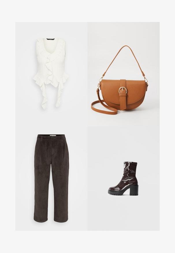 Top branco sem mangas com decote em V, apresentando detalhes em babados ao longo da borda e um tecido texturizado. Laços na parte inferior acentuam o design.; Calças de veludo cotelê castanhas com um design de perna reta, textura subtil e fecho frontal por botão, com bolsos laterais.; Bota de tornozelo burgundy brilhante com um salto preto robusto, apresentando uma textura suave e um design simples. Sem fechos ou padrões visíveis.; Bolsa transversal de couro castanho com um formato curvado, ferragens douradas e um detalhe de fivela. Inclui uma alça de ombro destacável.