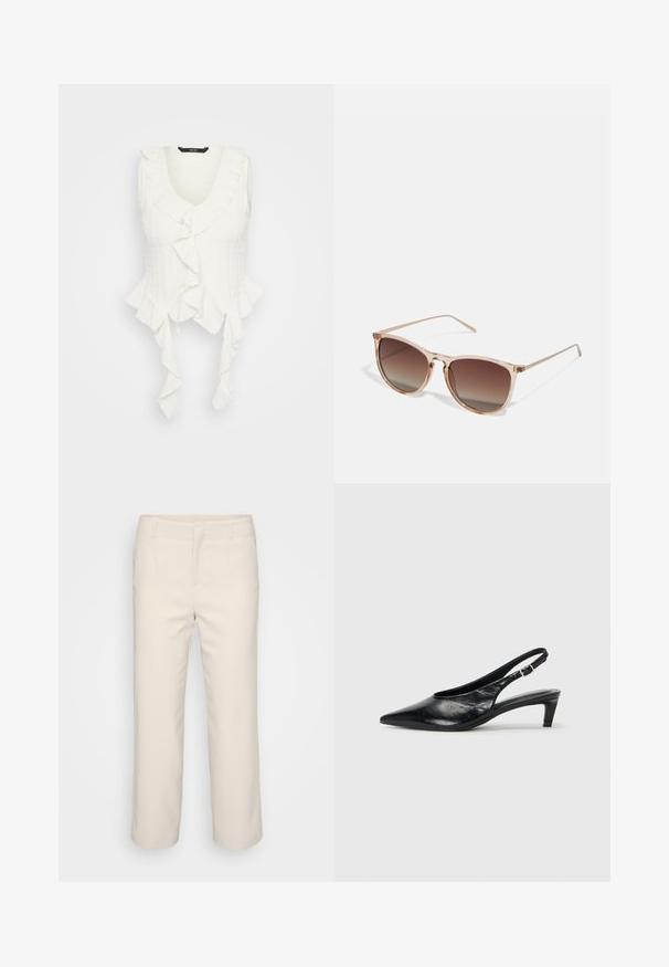 Valge ilma varrukateta topp V-kujuga kaelusega, mille äärtes on volangid ja tekstureeritud kangas. Allosas olevad sidemed rõhutavad disaini.; Beige, kohandatud püksid otsejalaga, lamedalt esiosaga ja kahe küljetaskuga. Valmistatud siledast kangast puhtal viimistlusel.; Must black leather slingback konts, terav varvas, madal kitten konts ja reguleeritav pehme rihm. Sile tekstuur ja minimaalne detailide rohkus.; Prunade gradientiga prillid koos poolka sellest roosast raamistikust, ruudukujulised ning õhukeste metallist kätega. Omab ümarate servadega ja minimaalset detailide taset.