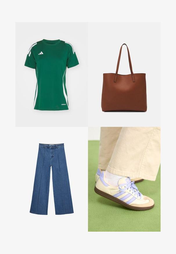 Grön sporttröja av fukttransporterande material, med vita sidostripes, rundad halsringning och Adidas-logotypen på övre vänstra sidan.; Vidbenade denimjeans i medelblått, med hög midja, knäppning och kontrasterande vertikala sömdetaljer längst fram.; Krämfärgade och lavendelfärgade sneakers med tre ränder och en texturerad brun sula, med snören och en vadderad häl. Mjuk tygobero.; Brun läder tote-väska med en slät textur, öppen toppdesign och två axelremmar. Har minimal söm och ingen synlig metalldetalj.