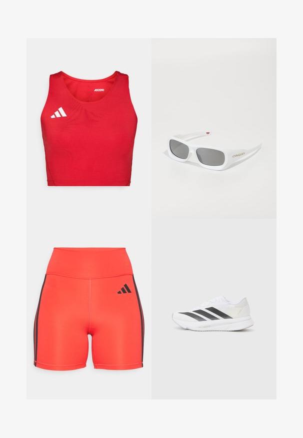 Rode atletische crop top met een geribde textuur, voorzien van een ronde hals, brede schouderbanden en witte logodetails.; Heldere rode sportshorts met een hoge taille, voorzien van zwarte zijstrepen en een Adidas-logo. Gemaakt van rekbare stof voor comfort.; Witte sportschoen met zwarte diagonale strepen, bovenwerk van gaas, ronde neus en gestructureerde zool. Accenten zijn onder andere een zilveren hak en een minimalistisch ontwerp.; Witte rechthoekige Oakley-zonnebril met donkere lenzen die op een witte ondergrond liggen, logo zichtbaar aan de zijkant.